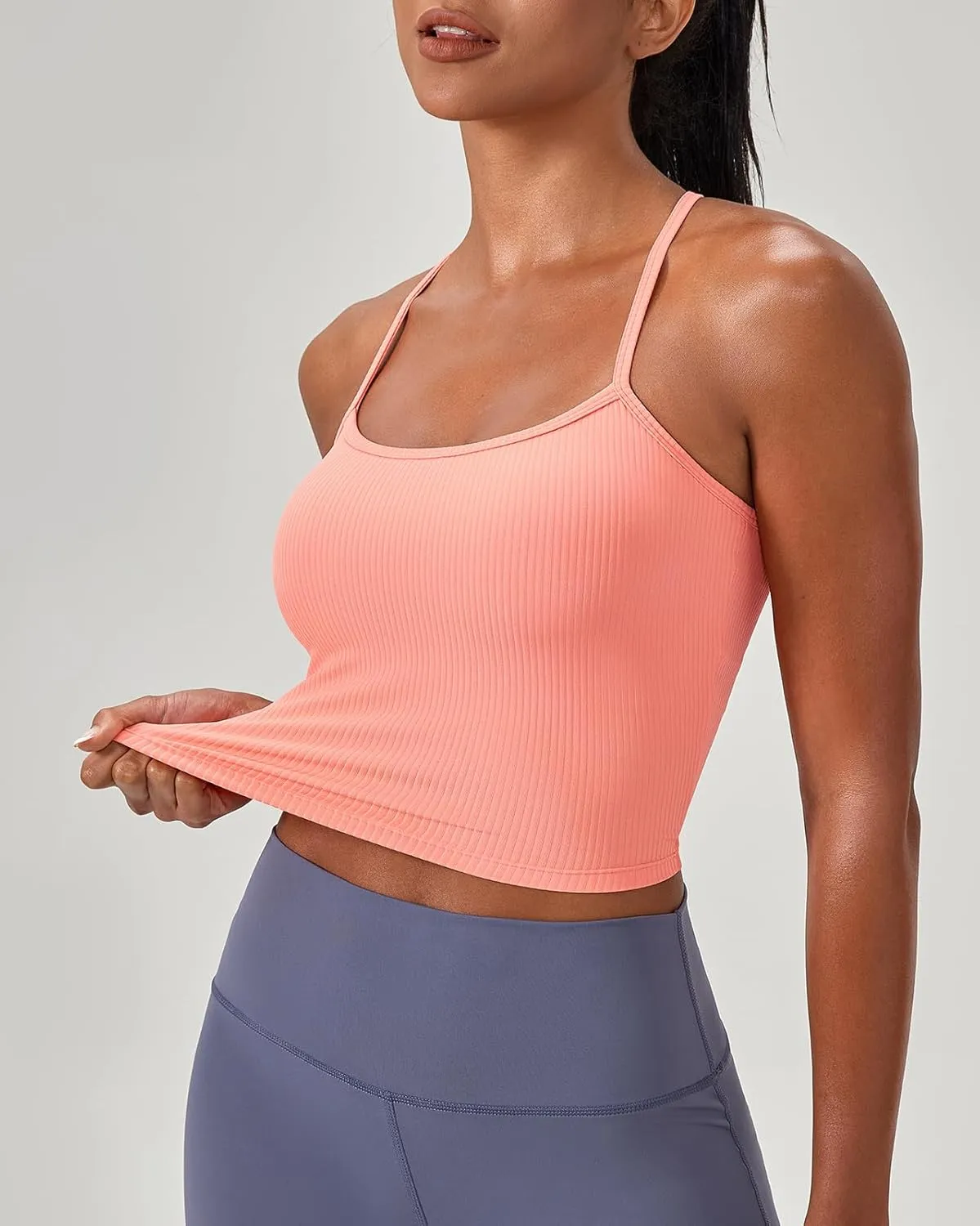 Women's Ribbed Workout Crop Tops with Built in Bra Yoga Racerback Tank Top Comfort Camisole for Fitness Gym Running