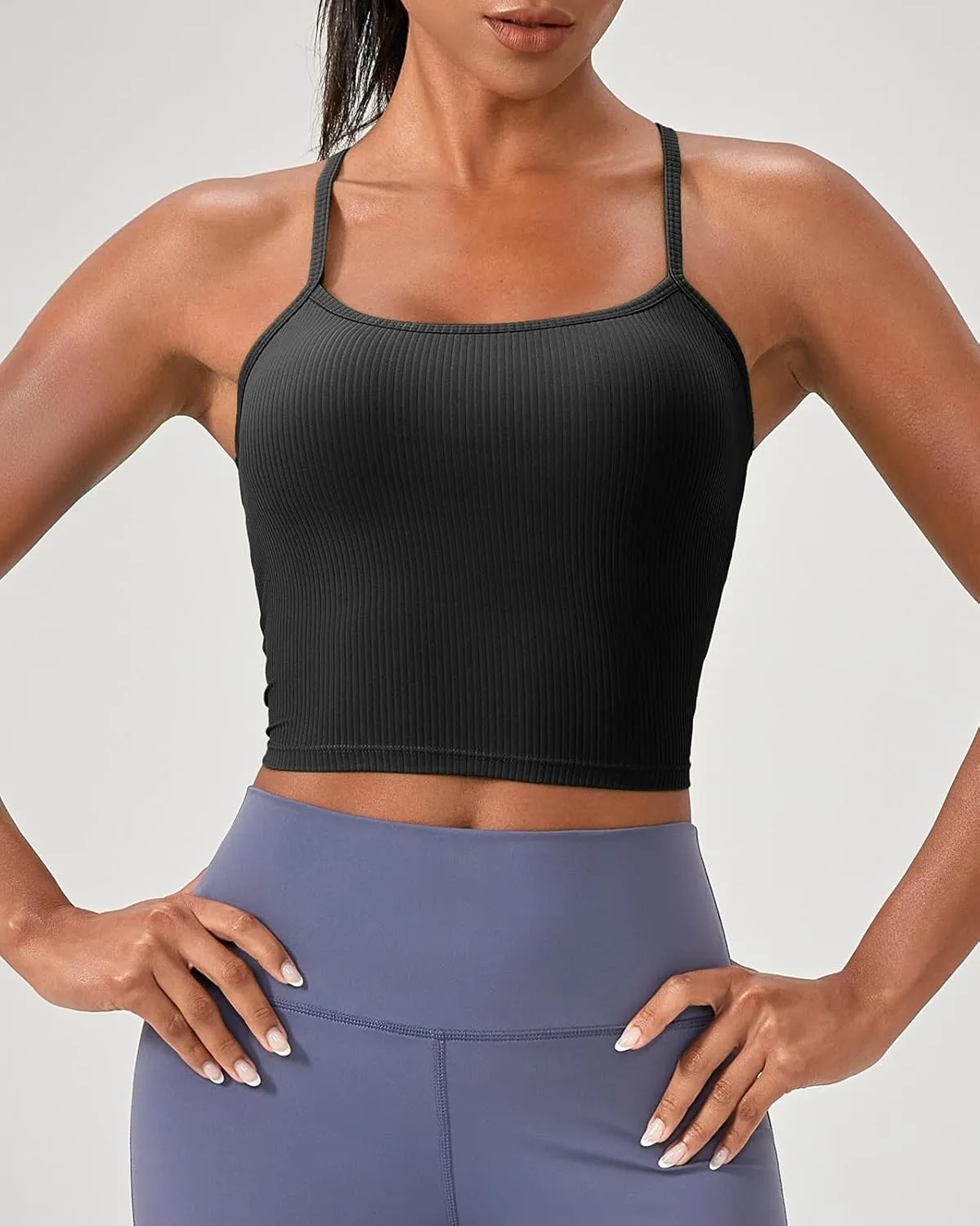 Women's Ribbed Workout Crop Tops with Built in Bra Yoga Racerback Tank Top Comfort Camisole for Fitness Gym Running