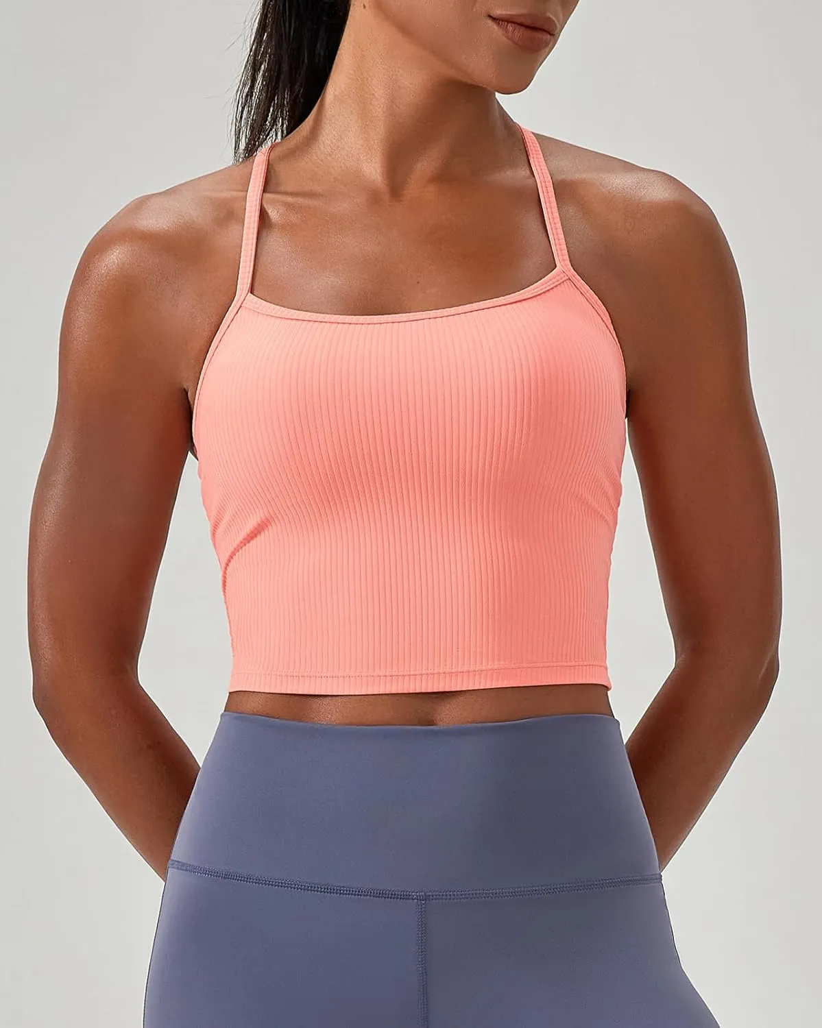 Women's Ribbed Workout Crop Tops with Built in Bra Yoga Racerback Tank Top Comfort Camisole for Fitness Gym Running