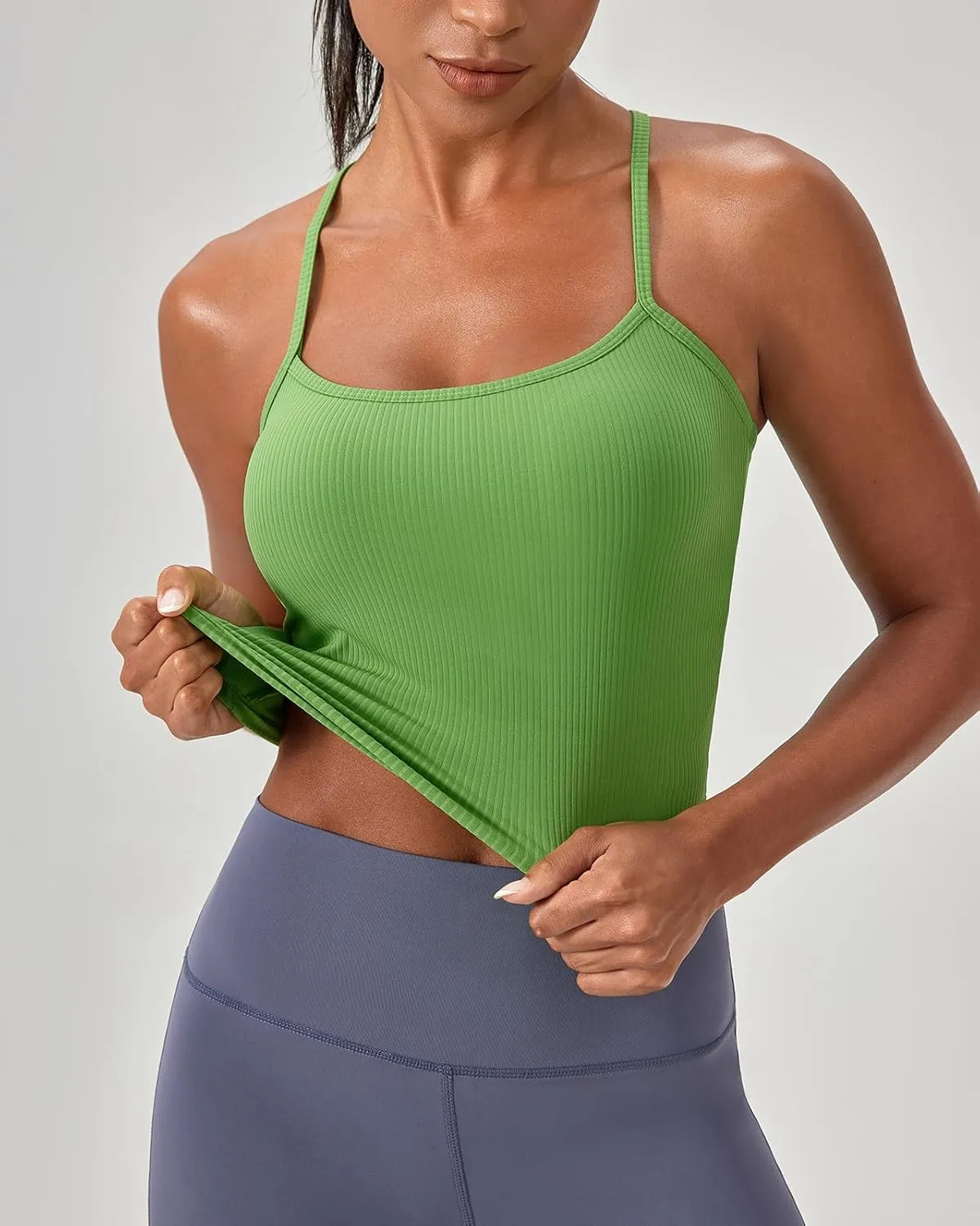Women's Ribbed Workout Crop Tops with Built in Bra Yoga Racerback Tank Top Comfort Camisole for Fitness Gym Running