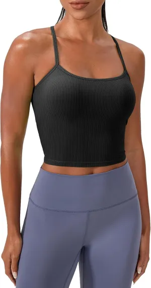Women's Ribbed Workout Crop Tops with Built in Bra Yoga Racerback Tank Top Comfort Camisole for Fitness Gym Running