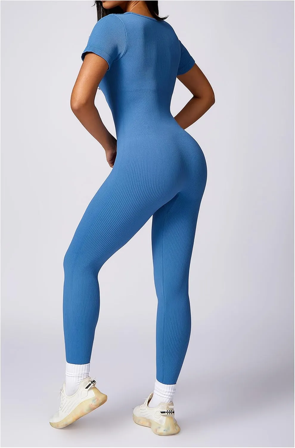 Women's Seamless One Piece Yoga Bodysuit Ribbed Short Sleeve Gym Rompers Tummy Control Workout Athletic Jumpsuits