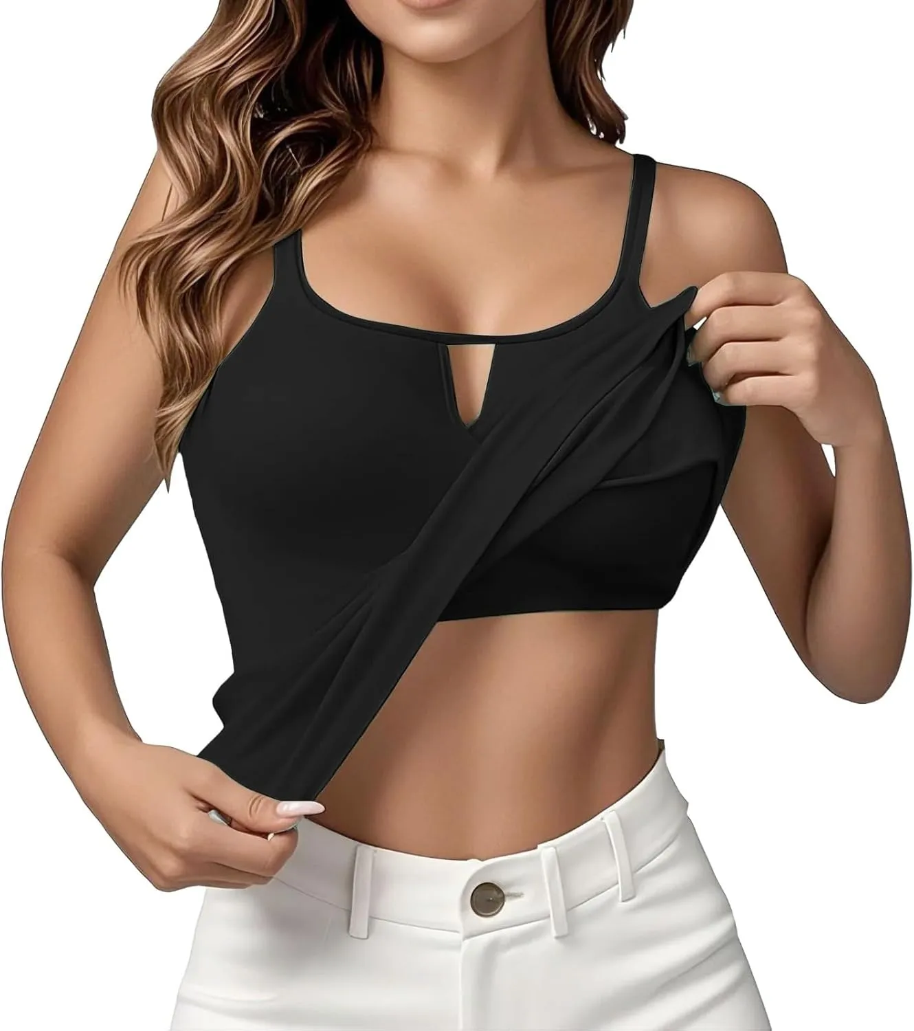 Women's Shelf Bra Camisole Tops Adjustable Spaghetti Strap Basic Cami Key Hole Yoga Shirts Tank Cotton Undershirts