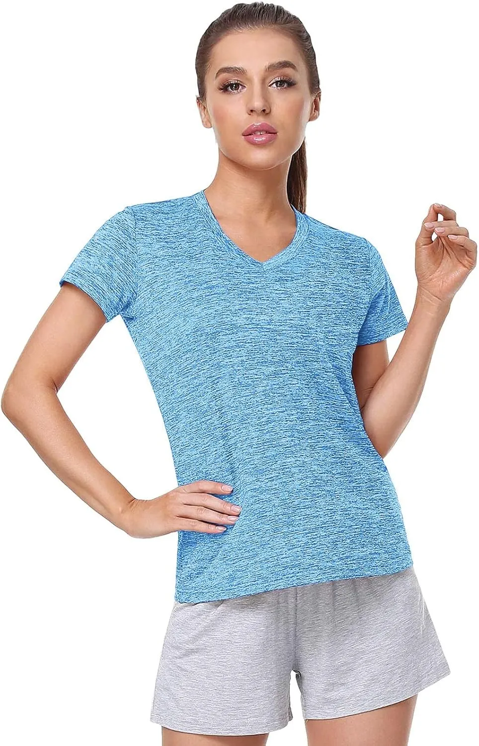 Womens Short Sleeve Athletic T-Shirt Moisture Wicking Sports V-Neck Tee Gym Yoga Running Stretch Quick Dry Tunic Tops