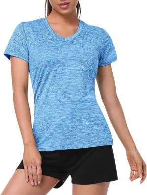 Womens Short Sleeve Athletic T-Shirt Moisture Wicking Sports V-Neck Tee Gym Yoga Running Stretch Quick Dry Tunic Tops