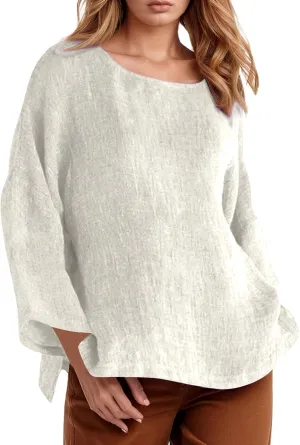 Women's Short Sleeve Linen Shirt Casual Crew Neck Oversized T-Shirt Button Loose Fit Summer Tee Shirt