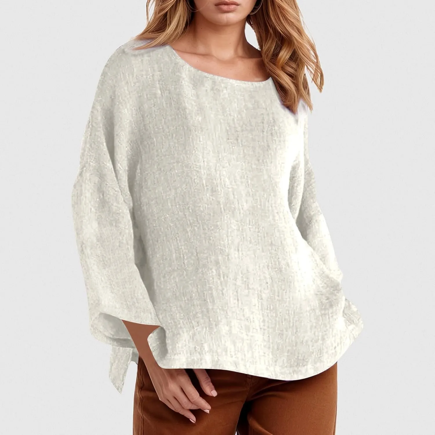 Women's Short Sleeve Linen Shirt Casual Crew Neck Oversized T-Shirt Button Loose Fit Summer Tee Shirt