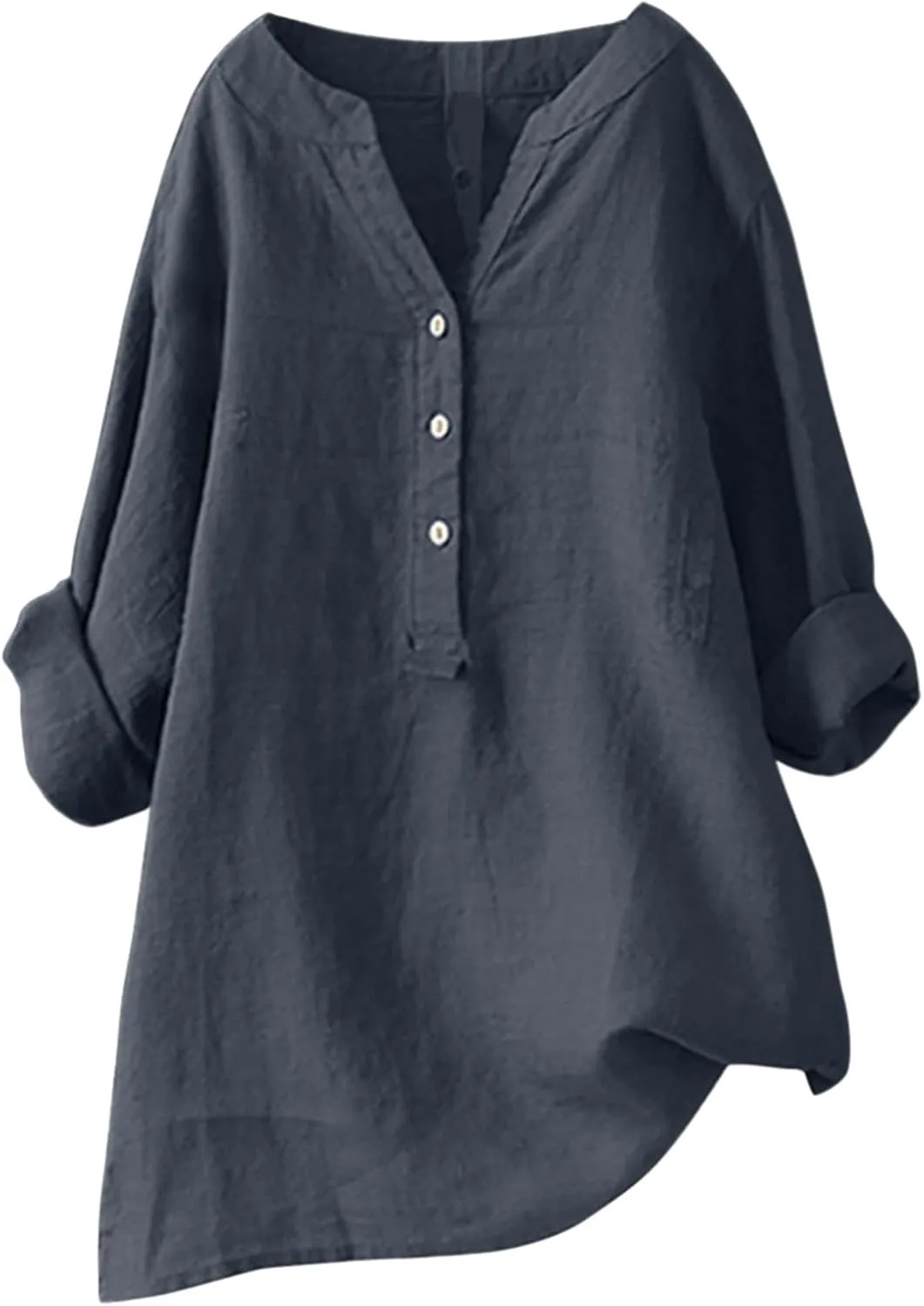 Women's Short Sleeve Linen Shirts Casual Crew Neck Lightweight T-Shirts Button Loose Fit Summer Tee Top