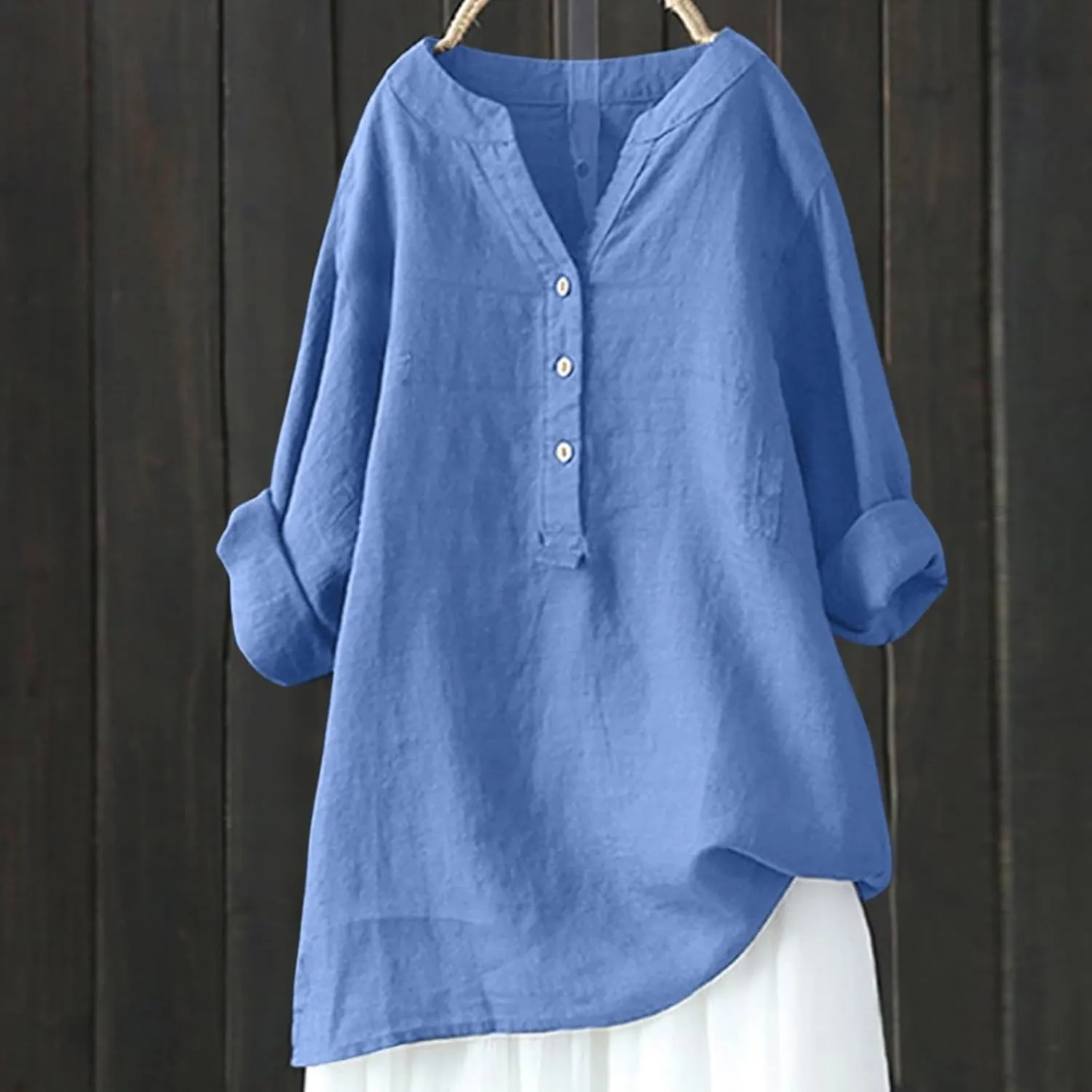 Women's Short Sleeve Linen Shirts Casual Crew Neck Lightweight T-Shirts Button Loose Fit Summer Tee Top