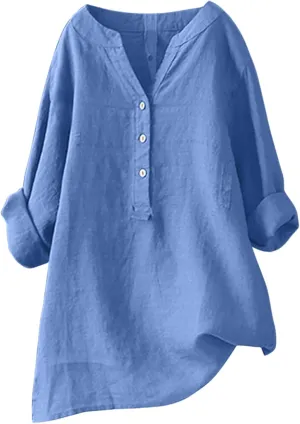 Women's Short Sleeve Linen Shirts Casual Crew Neck Lightweight T-Shirts Button Loose Fit Summer Tee Top