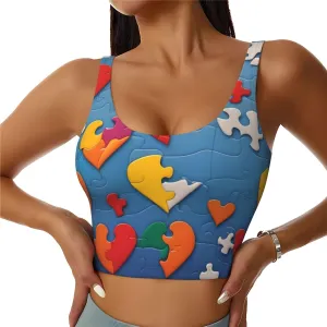 Women's Sports Bra Elastic Sports Vest Yoga Tank Top Tops Shirts Quick Dry Fabric Autism Awareness Puzzle Pieces Heart Pattern Small
