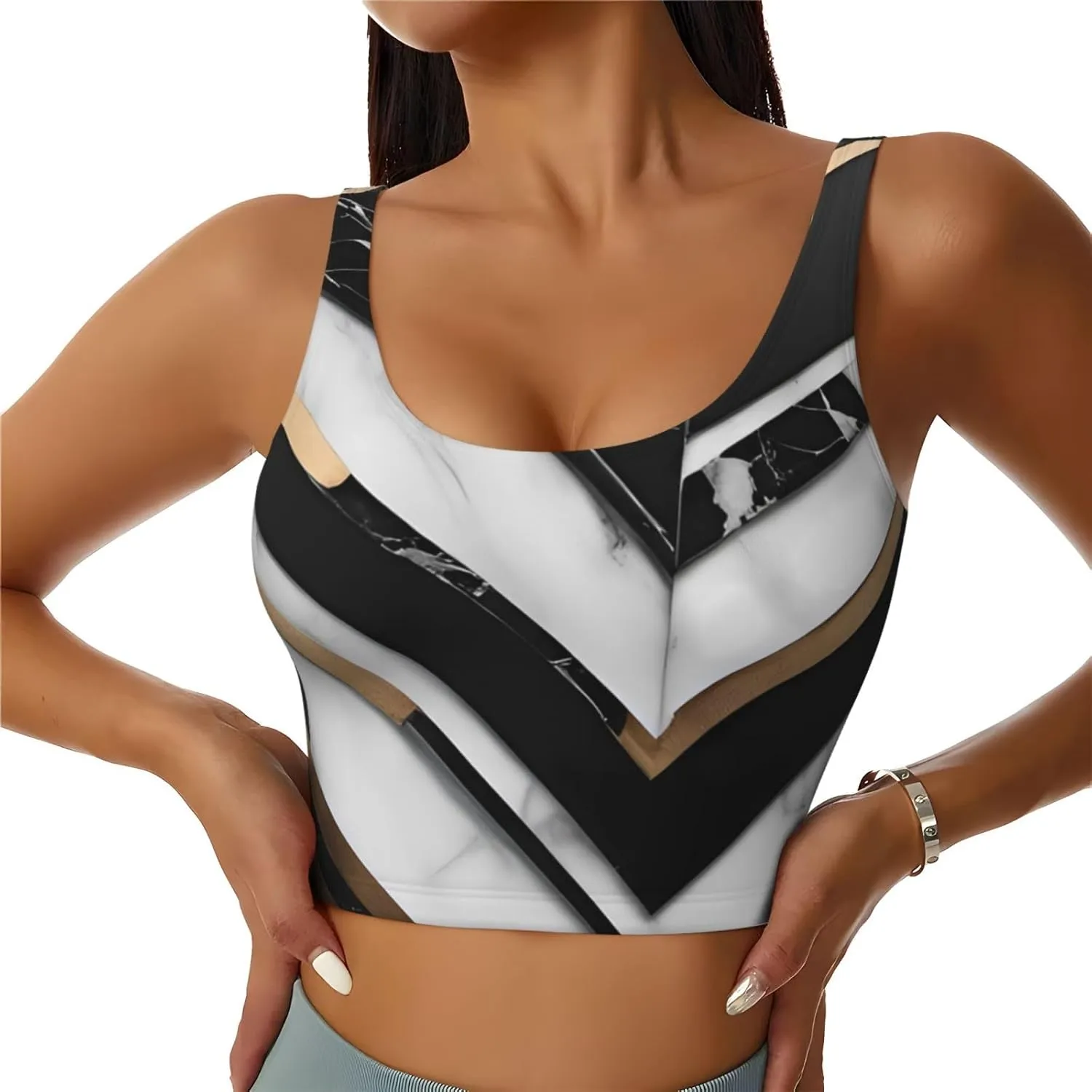Women's Sports Bra Elastic Sports Vest Yoga Tank Top Tops Shirts Quick Dry Fabric Black and white stone pattern Pattern Large