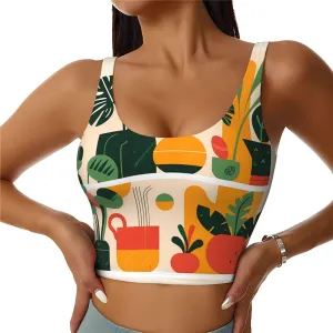 Women's Sports Bra Elastic Sports Vest Yoga Tank Top Tops Shirts Quick Dry Fabric Cartoon potted turtle back bamboo Pattern Medium