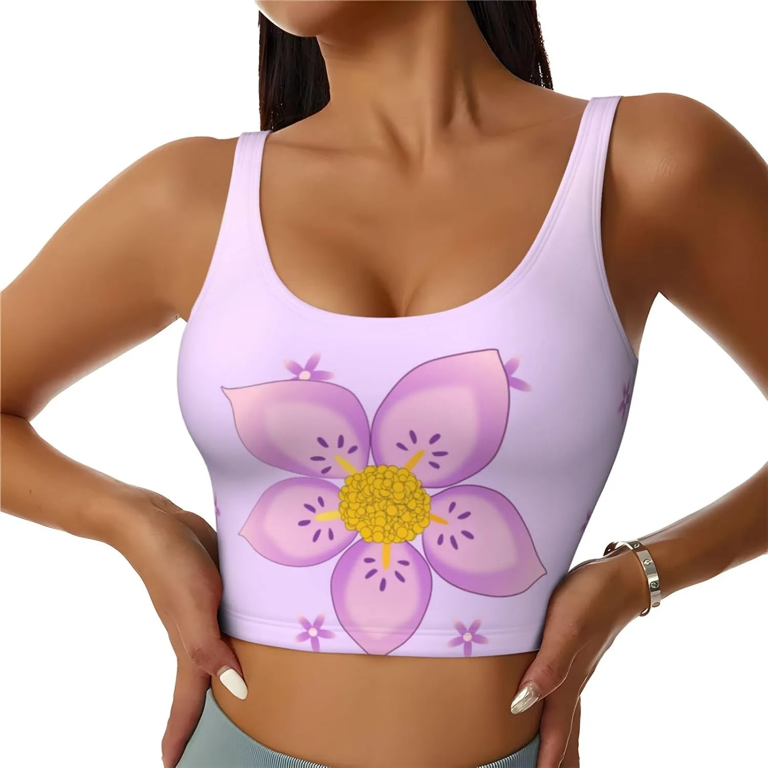 Women's Sports Bra Elastic Sports Vest Yoga Tank Top Tops Shirts Quick Dry Fabric Five-petaled purple flowers Pattern X-Large