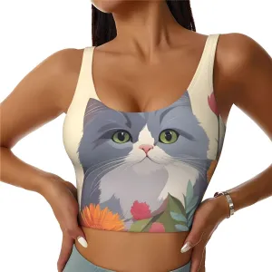 Women's Sports Bra Elastic Sports Vest Yoga Tank Top Tops Shirts Quick Dry Fabric Funny Cats Birds and Flowers Pattern Small