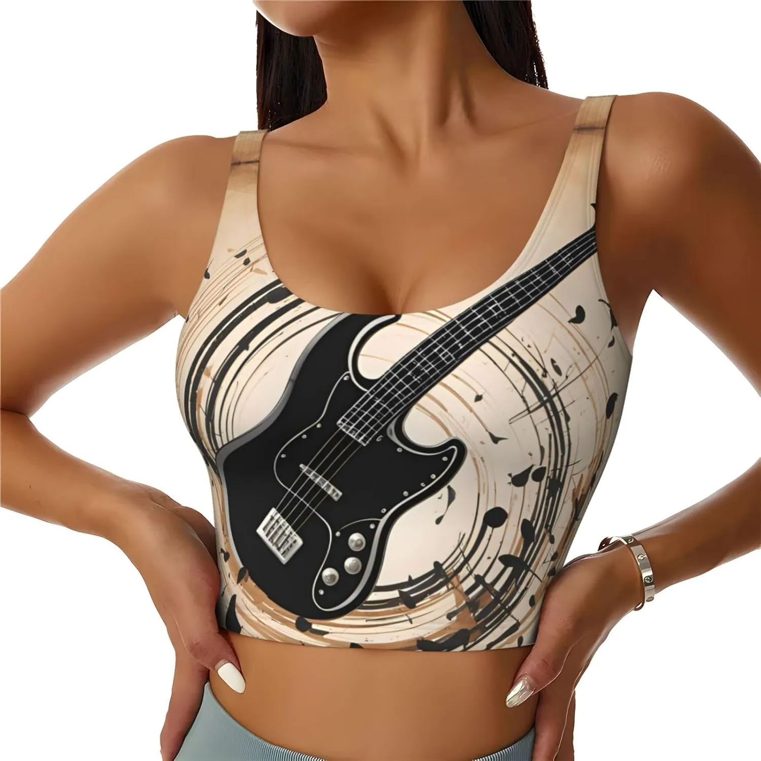 Women's Sports Bra Elastic Sports Vest Yoga Tank Top Tops Shirts Quick Dry Fabric Guitar Bass Musical Instruments Pattern Medium
