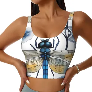 Women's Sports Bra Elastic Sports Vest Yoga Tank Top Tops Shirts Quick Dry Fabric Hand painted blue dragonfly Pattern Small