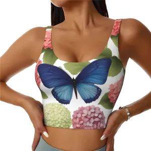 Women's Sports Bra Elastic Sports Vest Yoga Tank Top Tops Shirts Quick Dry Fabric Hydrangeas Daisies Butterflies Pattern X-Large