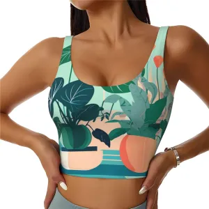 Women's Sports Bra Elastic Sports Vest Yoga Tank Top Tops Shirts Quick Dry Fabric Indoor cartoon potted green plants Pattern Large