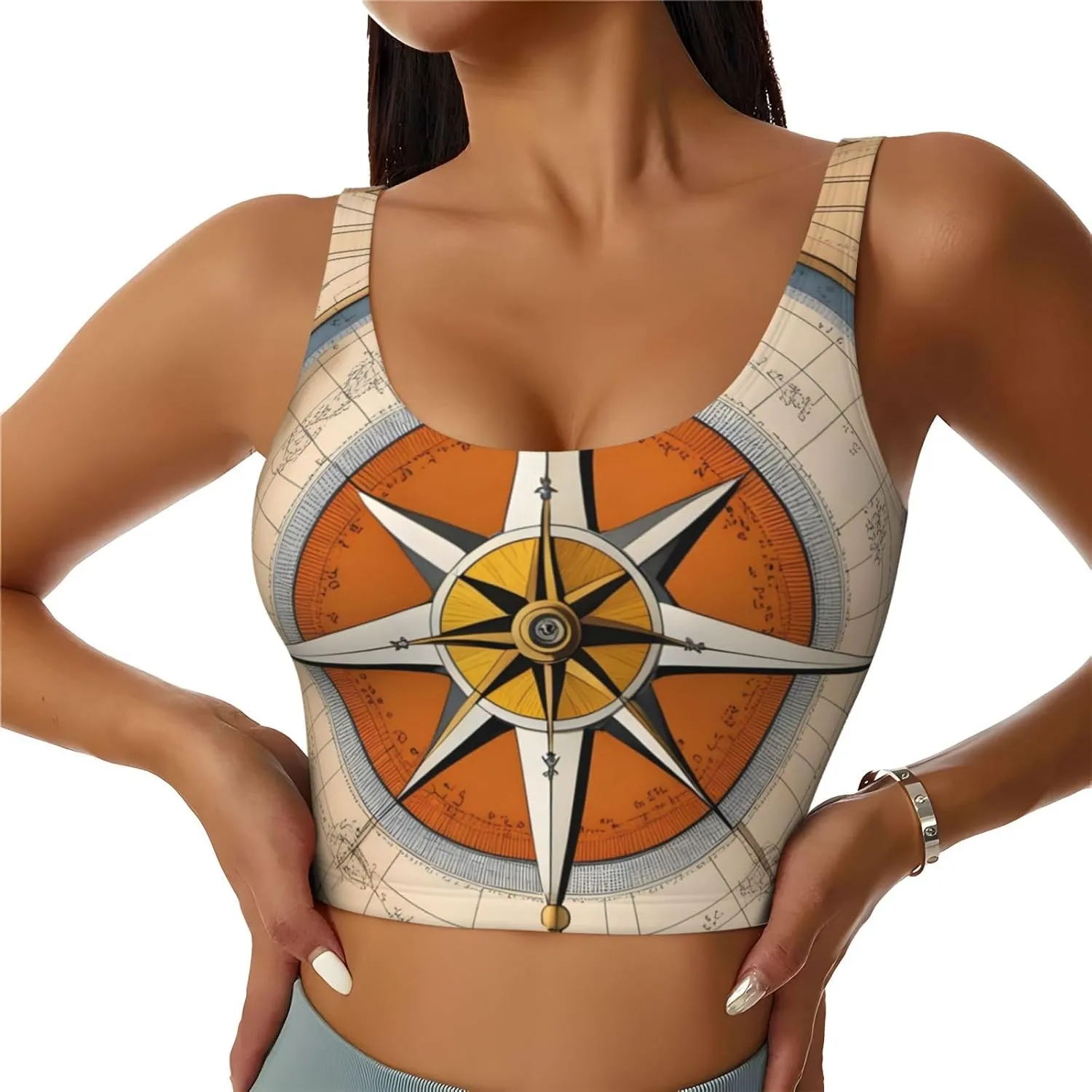 Women's Sports Bra Elastic Sports Vest Yoga Tank Top Tops Shirts Quick Dry Fabric Law of the Compass Navigation Pattern Small