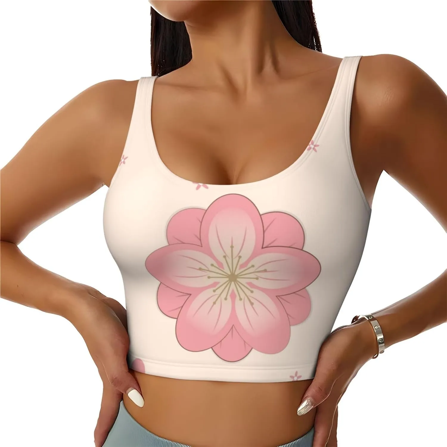 Women's Sports Bra Elastic Sports Vest Yoga Tank Top Tops Shirts Quick Dry Fabric Little pink cherry blossoms Pattern Large