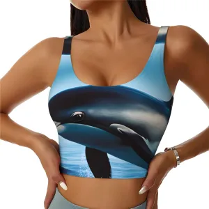 Women's Sports Bra Elastic Sports Vest Yoga Tank Top Tops Shirts Quick Dry Fabric Ocean Dolphin Looking at You Pattern Small