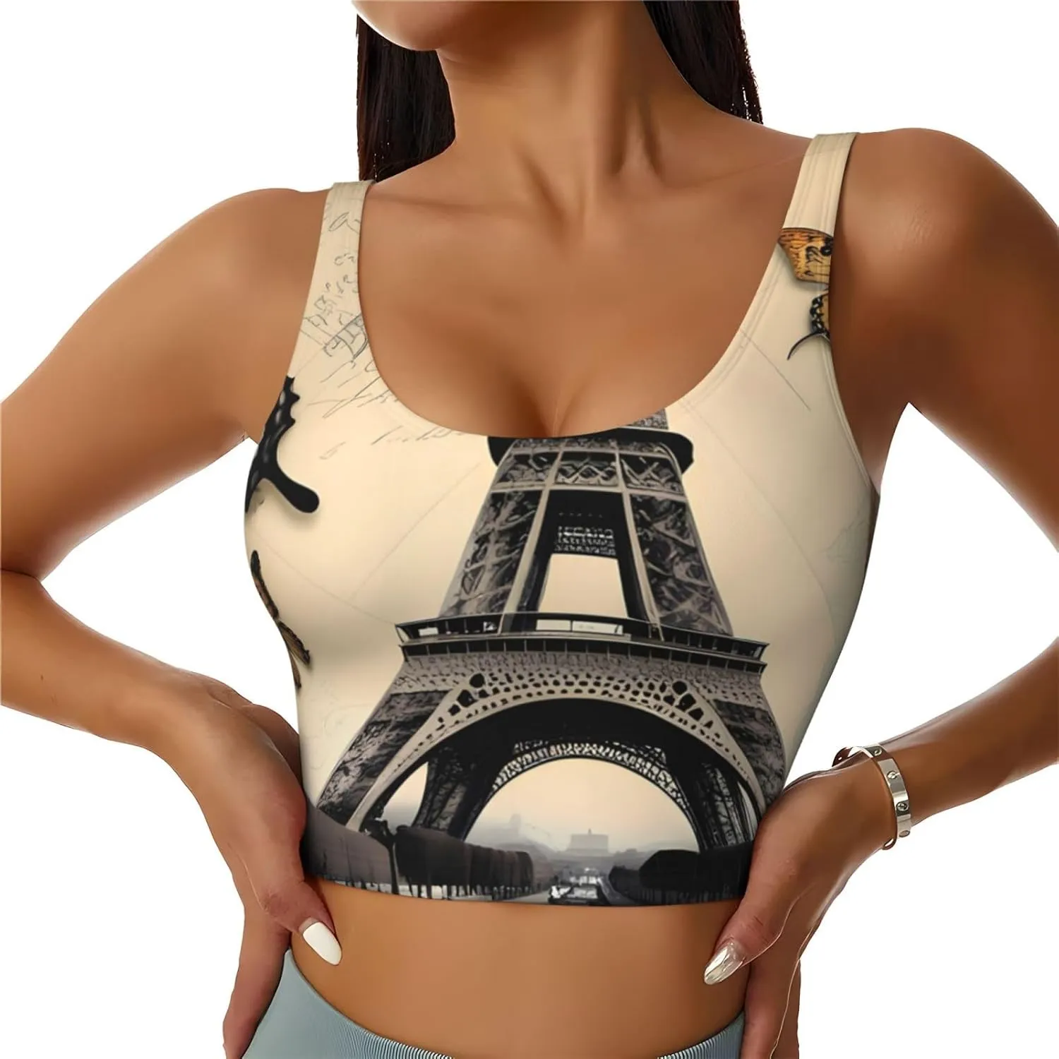 Women's Sports Bra Elastic Sports Vest Yoga Tank Top Tops Shirts Quick Dry Fabric Paris Eiffel Tower Butterfly Pattern Medium