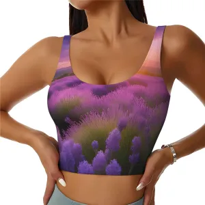 Women's Sports Bra Elastic Sports Vest Yoga Tank Top Tops Shirts Quick Dry Fabric Purple Lavender Colored Flowers Pattern Medium