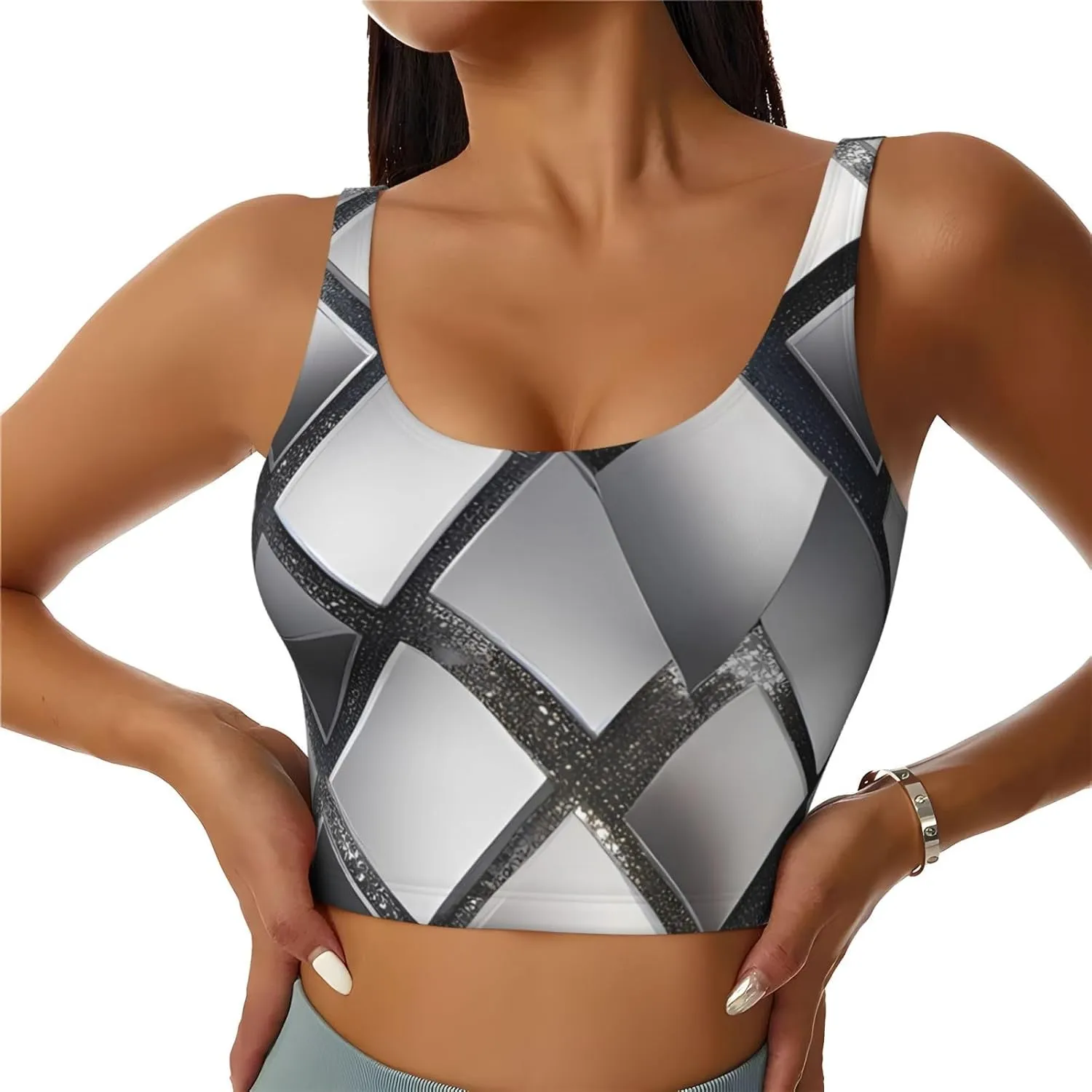 Women's Sports Bra Elastic Sports Vest Yoga Tank Top Tops Shirts Quick Dry Fabric Silver Sequin Sparkle Pattern Pattern X-Large