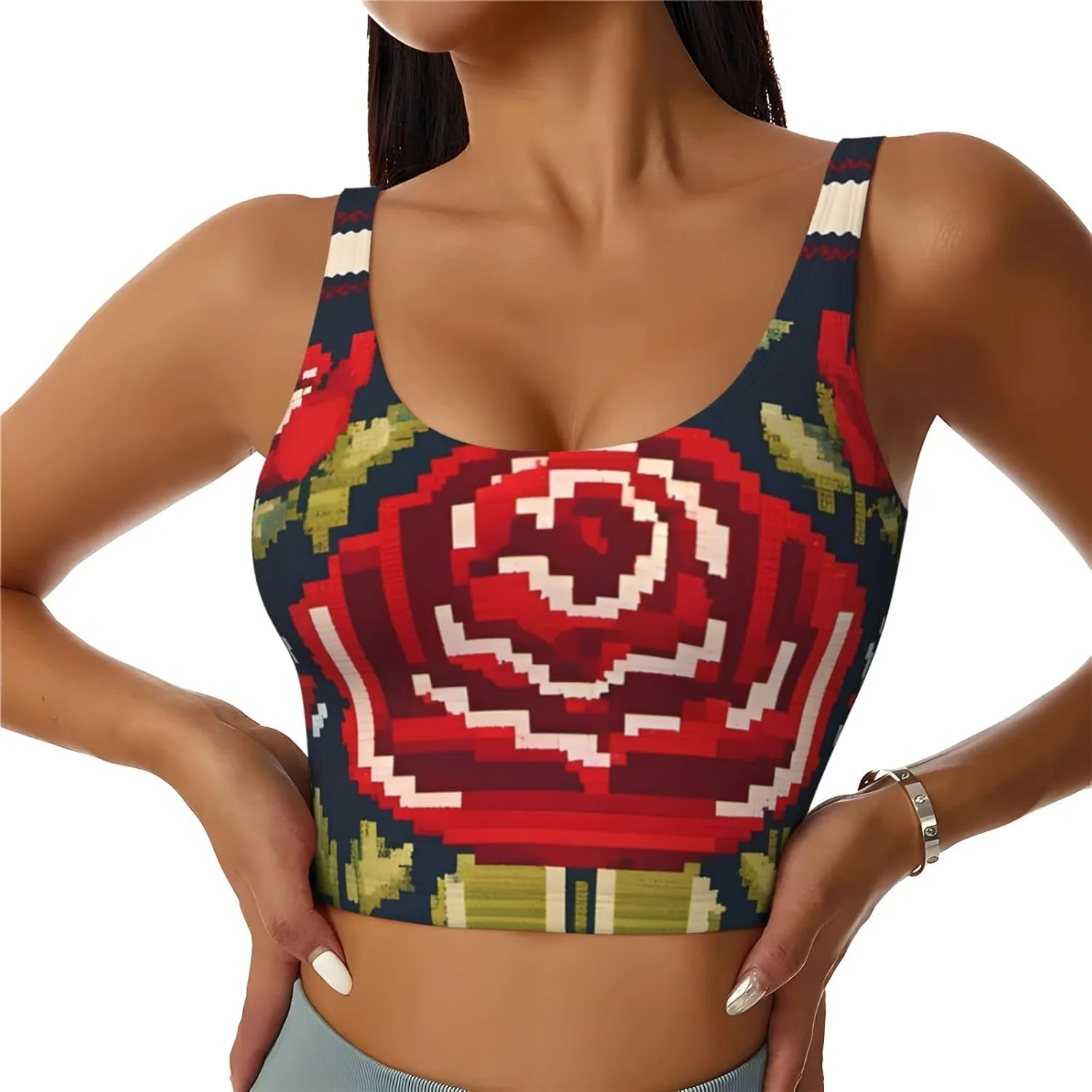 Women's Sports Bra Elastic Sports Vest Yoga Tank Top Tops Shirts Quick Dry Fabric Ukrainian Embroidery Style Rose Pattern Medium