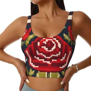 Women's Sports Bra Elastic Sports Vest Yoga Tank Top Tops Shirts Quick Dry Fabric Ukrainian Embroidery Style Rose Pattern Medium