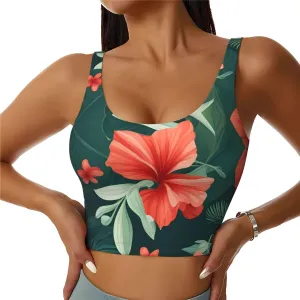 Women's Sports Bra Elastic Sports Vest Yoga Tank Top Tops Shirts Quick Dry Fabric Vegetation Leaves with Hibiscus Flowers Pattern Small