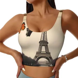 Women's Sports Bra Elastic Sports Vest Yoga Tank Top Tops Shirts Quick Dry Fabric Vintage Paris Eiffel Tower Butterfly Pattern Small