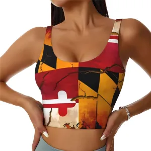 Women's Sports Bra Elastic Sports Vest Yoga Tank Top Tops Shirts Quick Dry Fabric vintage wooden maryland flag Pattern Medium