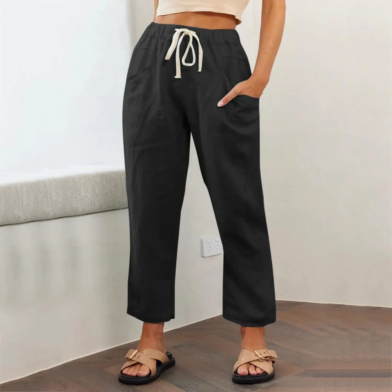 Womens Summer Linen Cropped Pants Elastic High Waisted Drawstring Casual Trousers Lightweight Wide Leg Straight-Leg Slacks
