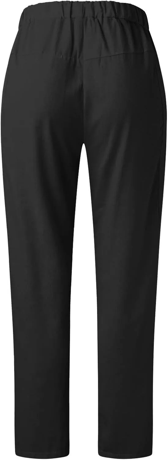 Womens Summer Linen Cropped Pants Elastic High Waisted Drawstring Casual Trousers Lightweight Wide Leg Straight-Leg Slacks