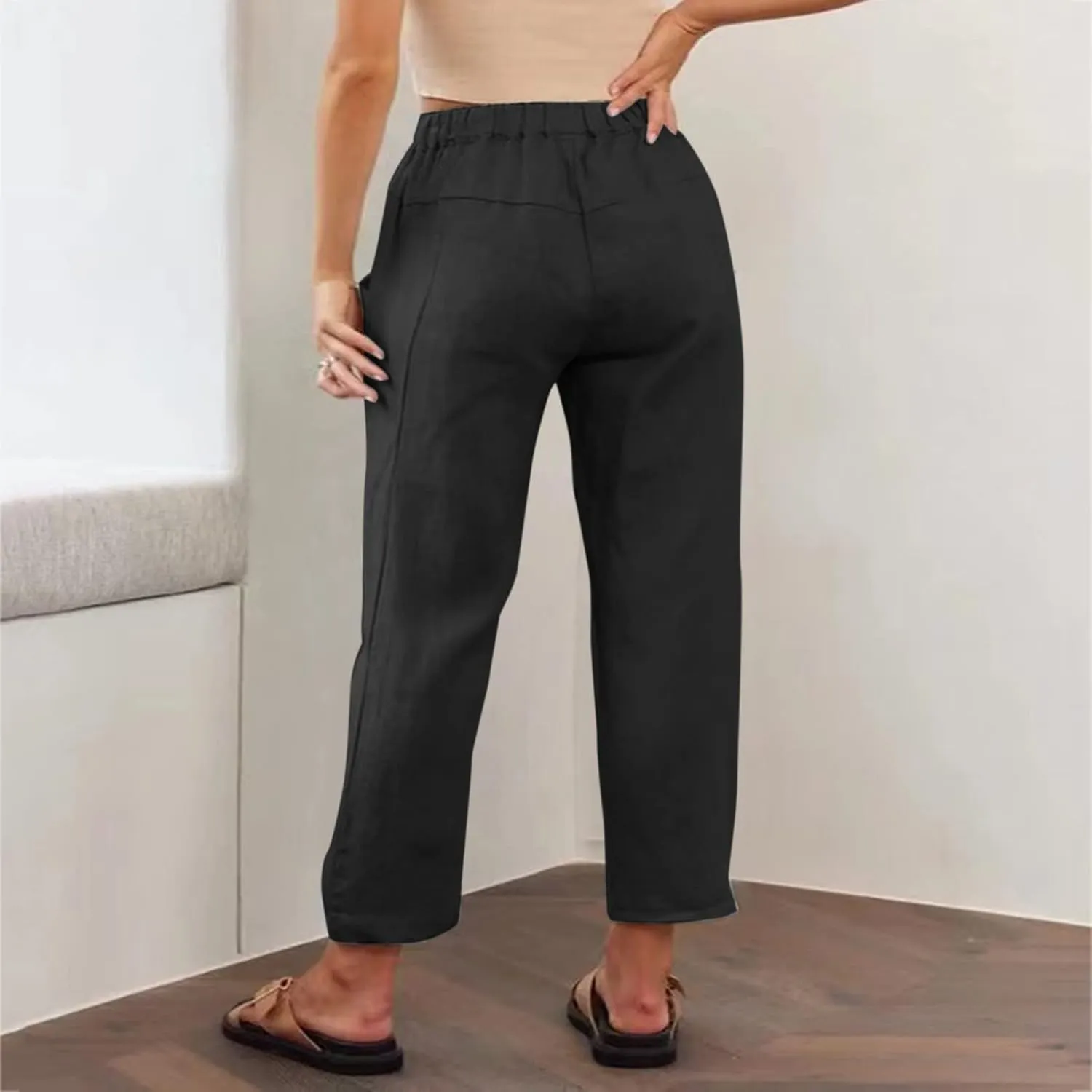 Womens Summer Linen Cropped Pants Elastic High Waisted Drawstring Casual Trousers Lightweight Wide Leg Straight-Leg Slacks