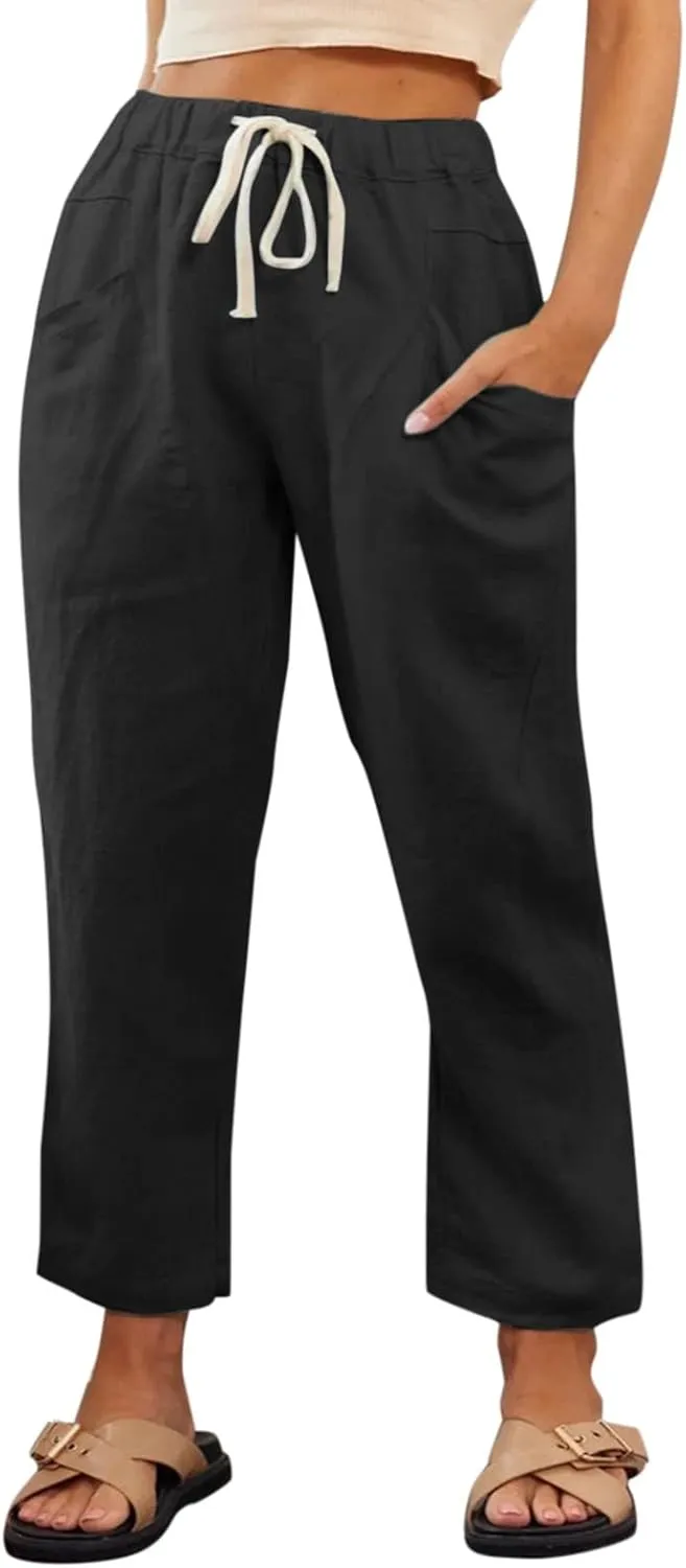 Womens Summer Linen Cropped Pants Elastic High Waisted Drawstring Casual Trousers Lightweight Wide Leg Straight-Leg Slacks