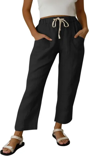 Womens Summer Linen Cropped Pants Elastic High Waisted Drawstring Casual Trousers Lightweight Wide Leg Straight-Leg Slacks