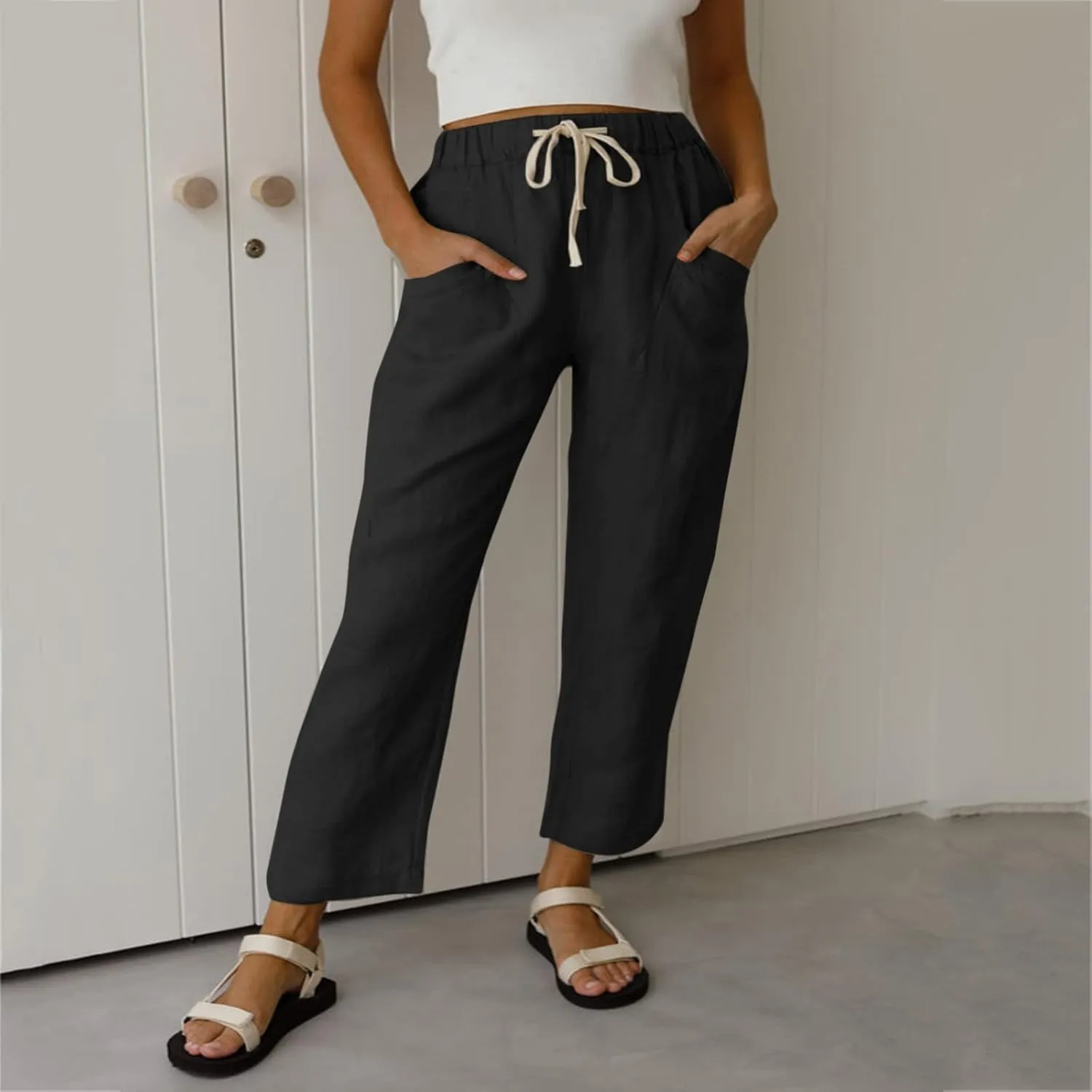 Womens Summer Linen Cropped Pants Elastic High Waisted Drawstring Casual Trousers Lightweight Wide Leg Straight-Leg Slacks