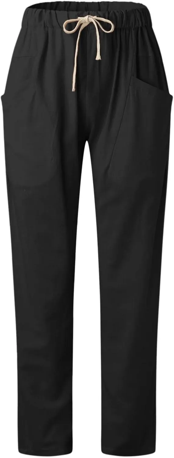Womens Summer Linen Cropped Pants Elastic High Waisted Drawstring Casual Trousers Lightweight Wide Leg Straight-Leg Slacks