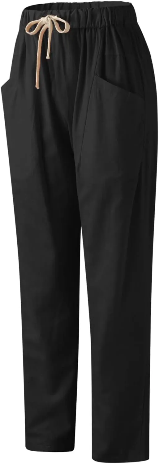 Womens Summer Linen Cropped Pants Elastic High Waisted Drawstring Casual Trousers Lightweight Wide Leg Straight-Leg Slacks