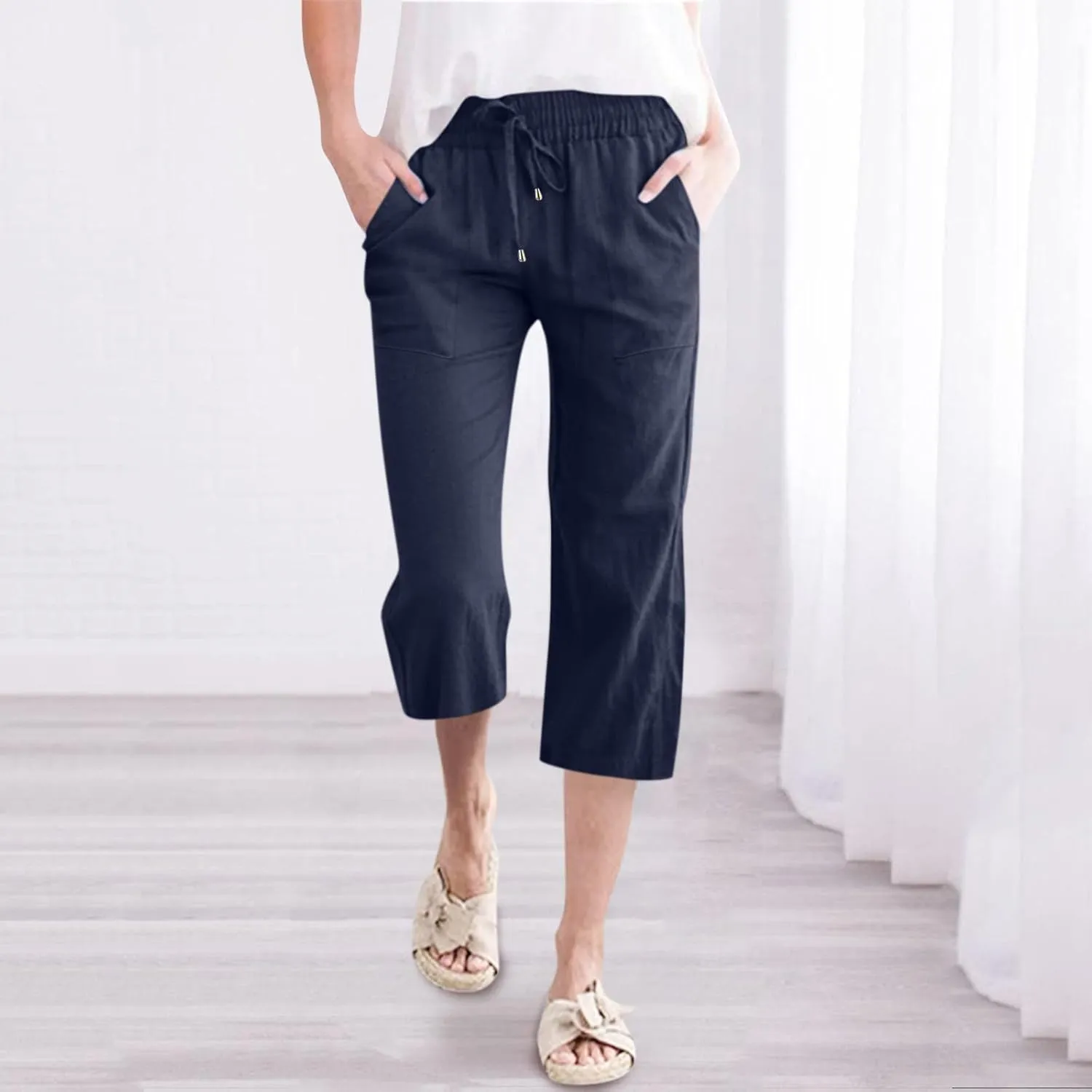 Womens Wide Leg Linen Pants Dressy Casual High Waist Palazzo Pant Button Up Loose Flowy Trouser with Pockets