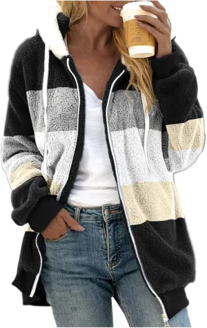 Womens Winter Jacket Coats Pockets Cute Hooded Pullover Sweatershirt Solid Artificial Wool Thermal Sweatshirt Long