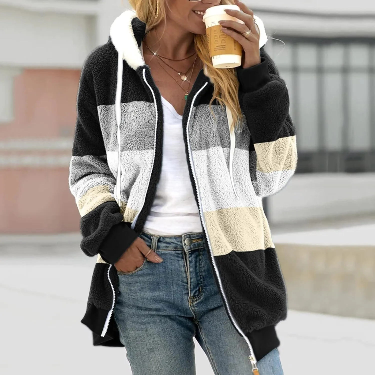 Womens Winter Jacket Coats Pockets Cute Hooded Pullover Sweatershirt Solid Artificial Wool Thermal Sweatshirt Long