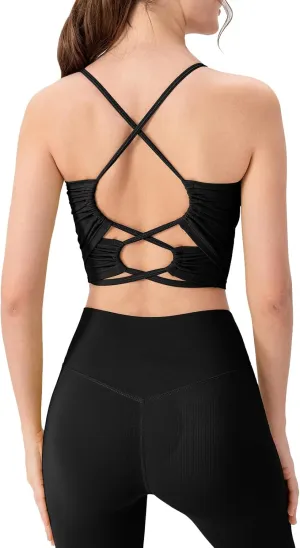 Women's Workout Gym Tank Tops Yoga Sports Vest Backless Strappy Padded Gym Sports Camisole Top with Built in Bra