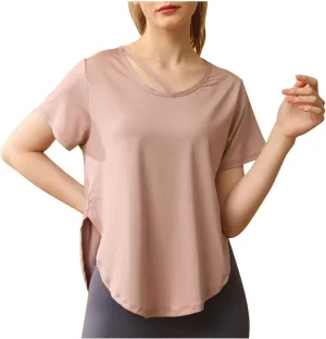 Women's Workout Tops Athletic Shirts Cropped Short Sleeve Side Slit Running Gym Quick Dry Sun Protection Tee T Shirt