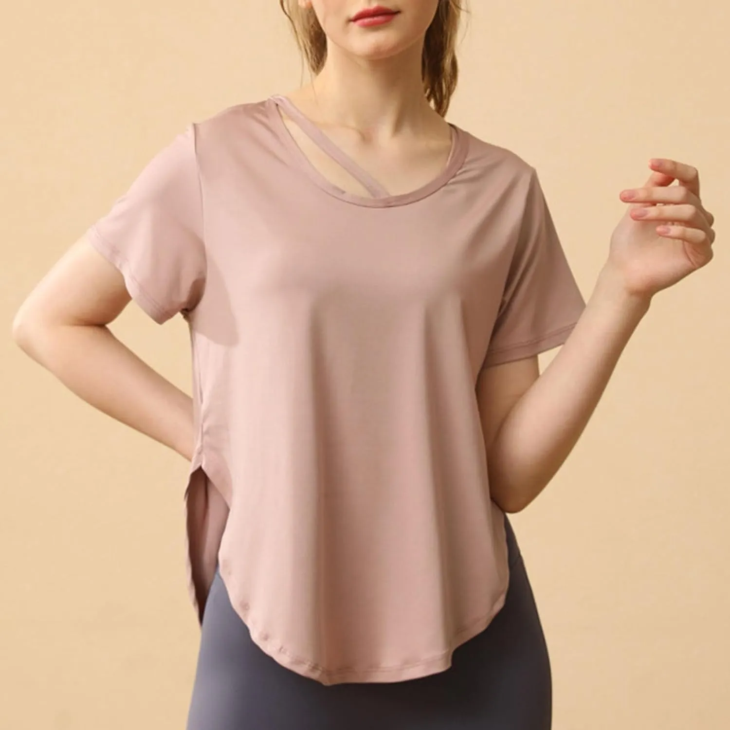 Women's Workout Tops Athletic Shirts Cropped Short Sleeve Side Slit Running Gym Quick Dry Sun Protection Tee T Shirt