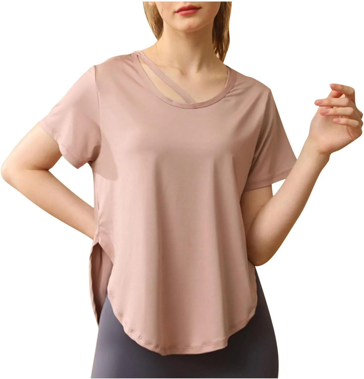 Women's Workout Tops Athletic Shirts Cropped Short Sleeve Side Slit Running Gym Quick Dry Sun Protection Tee T Shirt