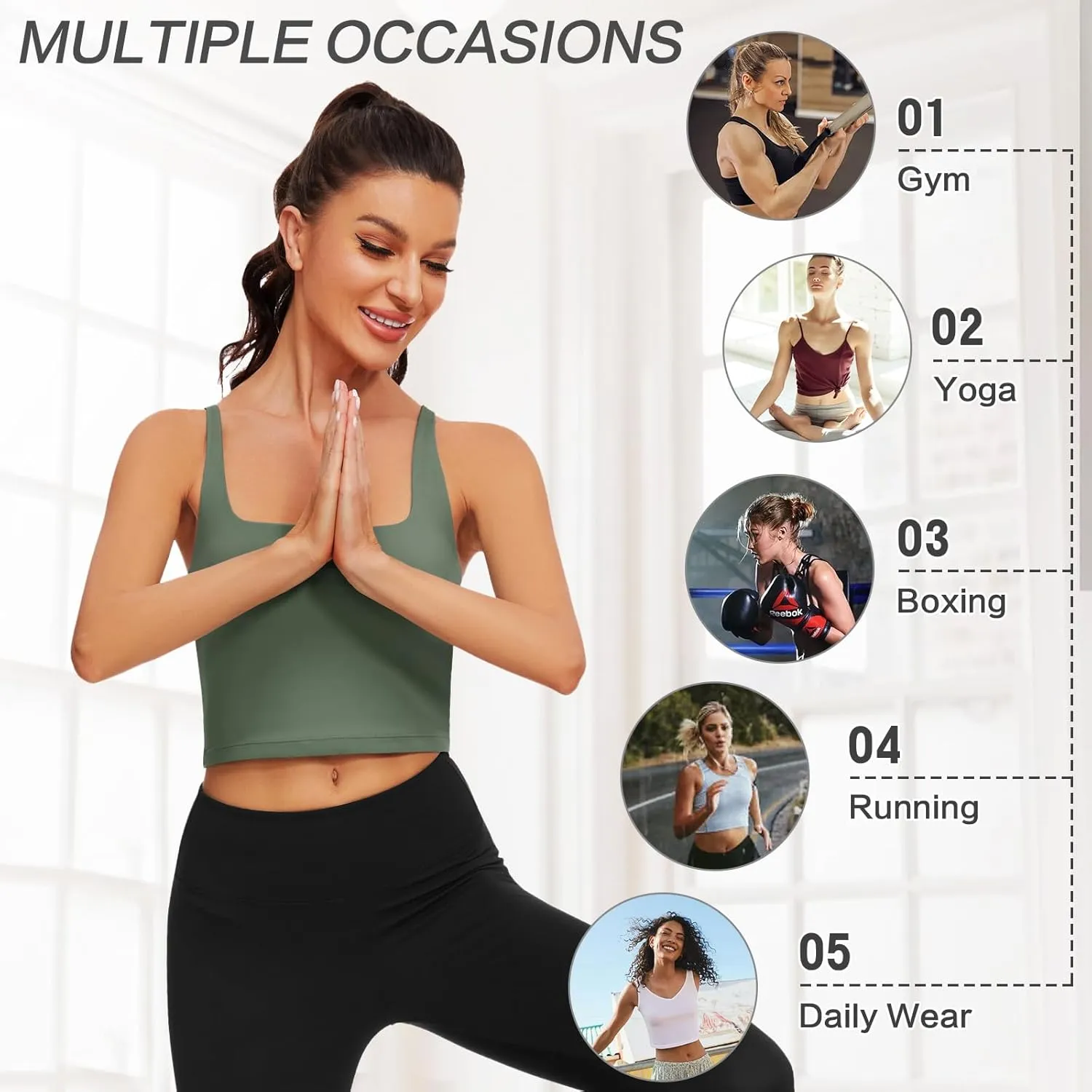 WOWENY Workout Padded Yoga Tank Tops Built-in Bra Longline Sport Bra for Women Square Neck Crop Top